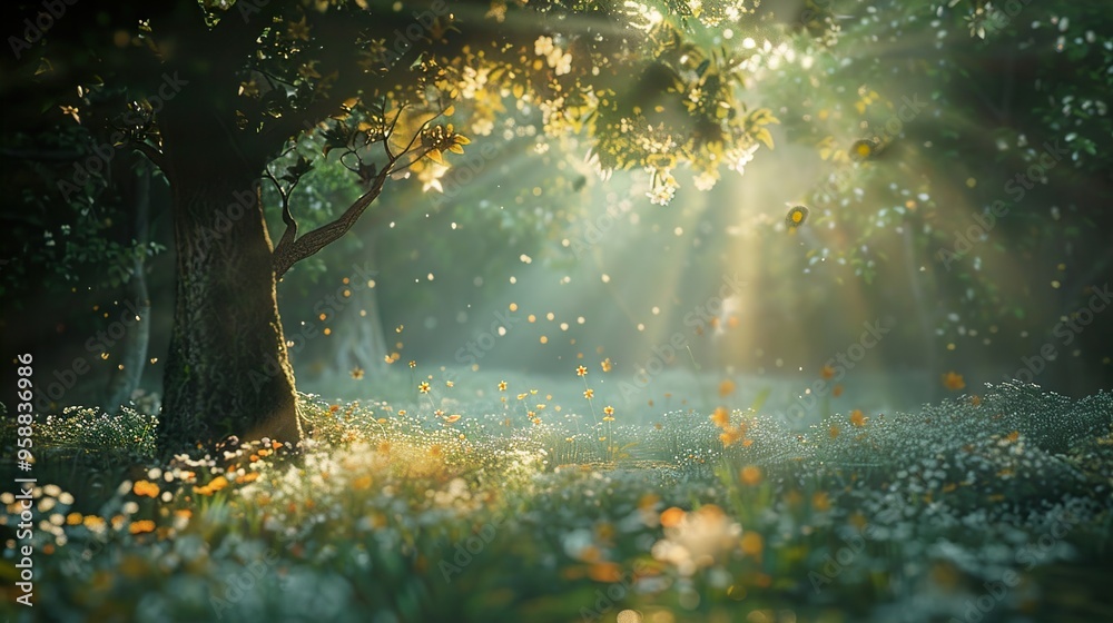 Fototapeta premium Sunlight streams through the trees in a magical forest, illuminating a field of wildflowers.