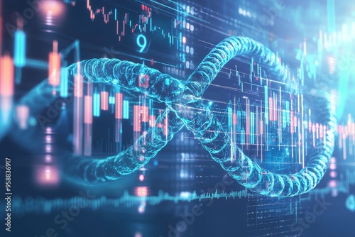 Three-dimensional CG visualization of science molecular DNA ring model structure and candlestick graph chart under blue background. Medical business, healthcare strategy, healthcare finance concept.