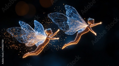Whimsical glowing fairies in flight, sparkling with magic and enchantment, ideal for fantasy and fairy tale themes.