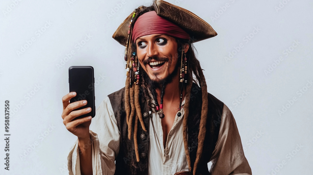 Naklejka premium A pirate in a costume with a funny expression on his face is holding a smartphone, looking pleased and excited