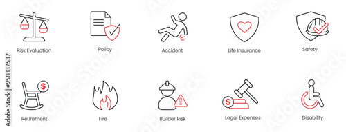 Risk Evaluation, Policy, Accident, Life Insurance, Safety, Retirement, Fire, Builder Risk, Legal Expenses, Disability Vector Icon Set