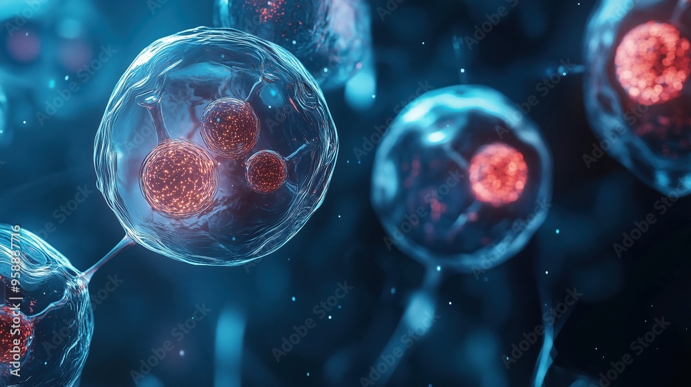 Naklejka premium Futuristic digital illustration featuring glowing organic shapes and molecular structures on a blue background. This biotech banner design represents AI technology concepts in medical research and edu