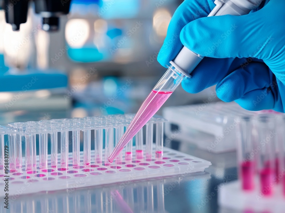 Using a pipette, a scientist pipes samples into microplates in a laboratory Using a pipette, a scientist pipes samples into microplates in a laboratory