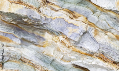 Close-up of a natural stone with a layered texture and a mix of grey, white, and yellow colors.