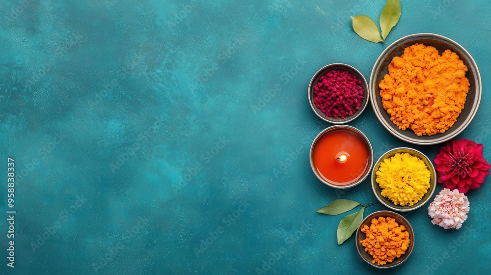 Traditional Indian puja thali with diya, incense, flowers, and sweets, symbolic of Diwali worship, cultural spirituality Traditional Indian puja thali with diya, incense, flowers, and sweets, symbolic of Diwali worship, cultural spirituality