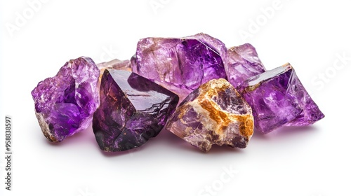 Vivid purple and gold gemstones, each with distinct cracks, polished to a high shine, and isolated on white. Perfect for high-end jewelry showcases, luxury product ads, or artistic visuals.