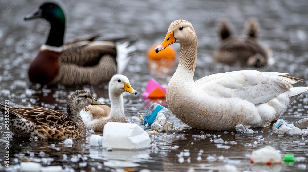 Waterfowl feeding in a pond with microplastics visible in the water, emphasizing the risks to bird populations. Waterfowl feeding in a pond with microplastics visible in the water, emphasizing the risks to bird populations.