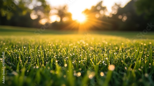 Close-up view of dew drops on a green grassy field with a bright sunset in the background.