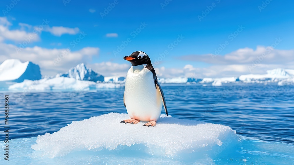 Obraz premium A charming penguin standing on an ice floe surrounded by stunning blue waters and icy landscapes in a serene Antarctic setting.
