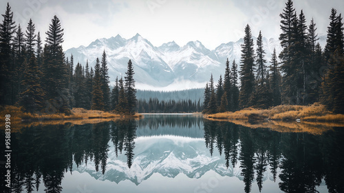 Peaceful Mountain Lake with Pine Trees and Reflections of Snow-Capped Peaks