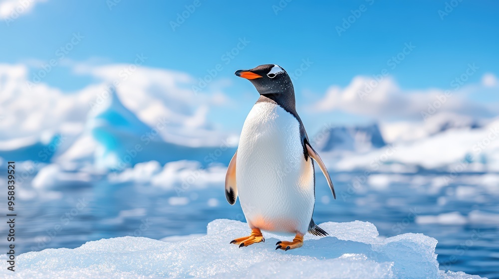 Obraz premium A charming penguin standing on an iceberg under a bright blue sky, showcasing the beauty of wildlife in its natural habitat.