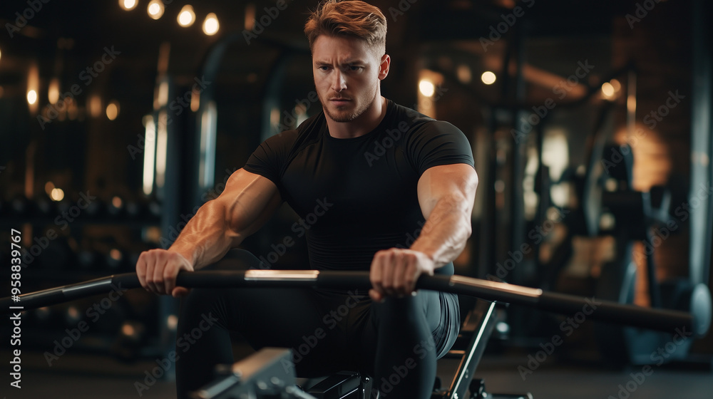 Fototapeta premium W siłowni, członek klubu fitness ciężko pracuje na maszynie wioślarskiej, wykonując rytmiczne ruchy, które angażują całe ciało.