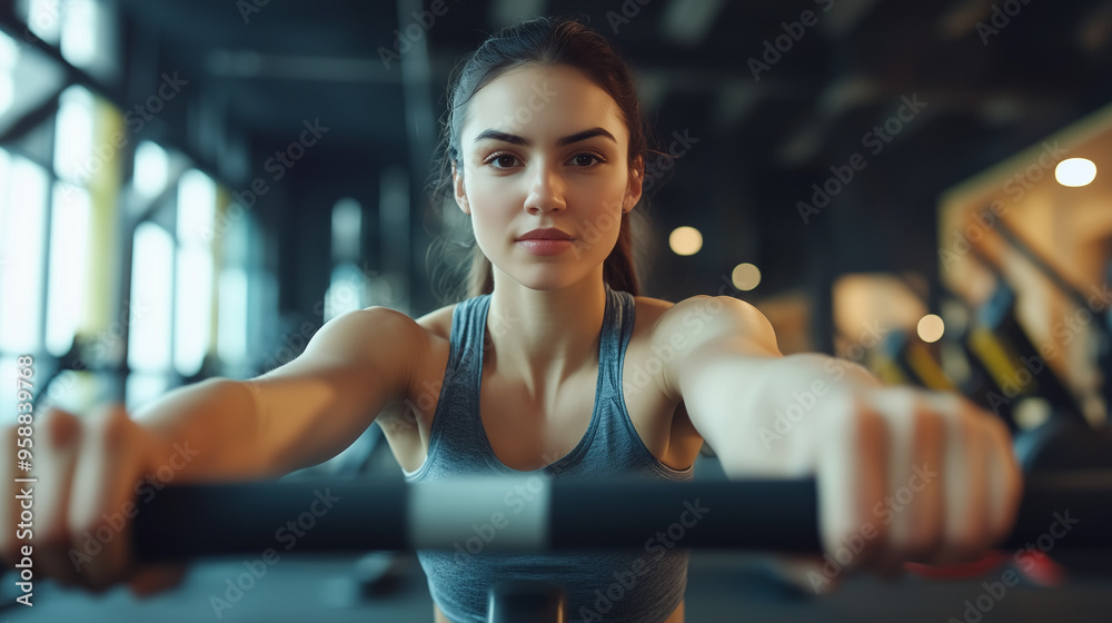 Fototapeta premium W siłowni, członek klubu fitness ciężko pracuje na maszynie wioślarskiej, wykonując rytmiczne ruchy, które angażują całe ciało.