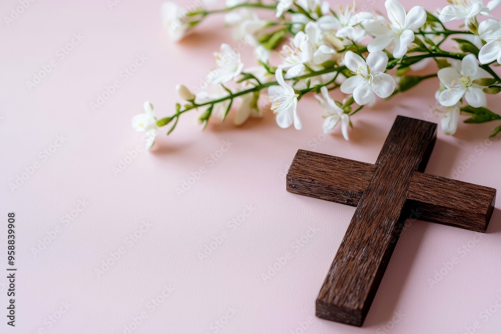 A wooden cross with spring flowers on a blue background with copy space. Religion background. Christianity Feasts, Easter, Palm Sunday, Christening, church weddings. Flat lay. A wooden cross with spring flowers on a blue background with copy space. Religion background. Christianity Feasts, Easter, Palm Sunday, Christening, church weddings. Flat lay.