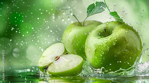 A vibrant green apple splashes into water against a green background, depicting freshness.