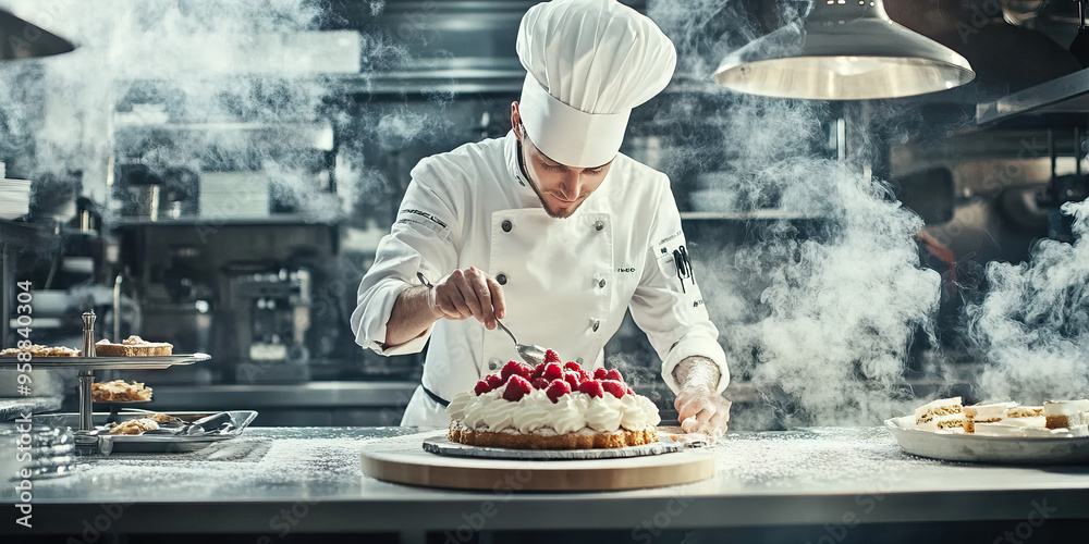 Caucasian chef creating a beautiful dessert in a bustling kitchen Caucasian chef creating a beautiful dessert in a bustling kitchen