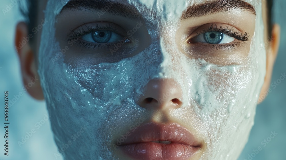 Close-up of a Woman's Face with a White Exfoliating Mask Applied, Emphasizing the Texture and Details of the Product. Close-up of a Woman's Face with a White Exfoliating Mask Applied, Emphasizing the Texture and Details of the Product.