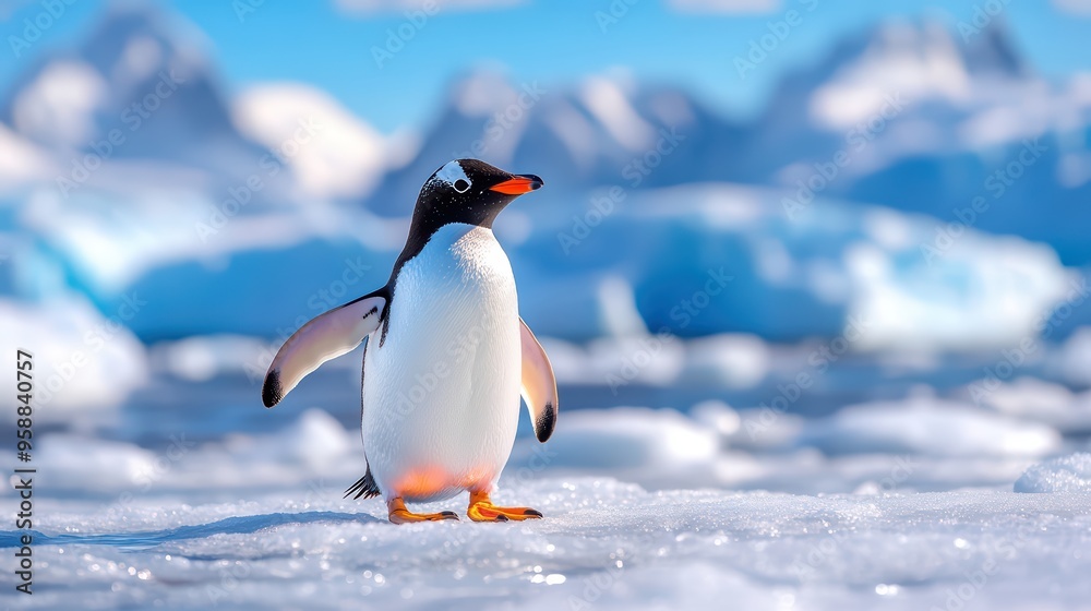 Fototapeta premium A charming penguin stands on ice, showcasing its unique features against a backdrop of serene, icy landscapes.