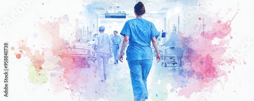 Dynamic nurse rushing through a busy hospital corridor, urgency in the air, Watercolor style