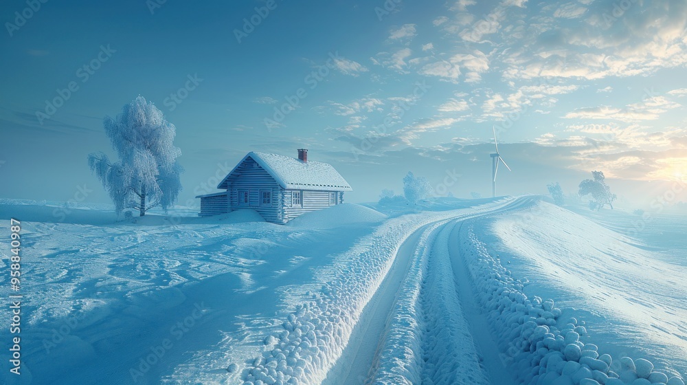 Wind turbines in a snowy landscape producing winter renewable energy, cold climate wind power Wind turbines in a snowy landscape producing winter renewable energy, cold climate wind power