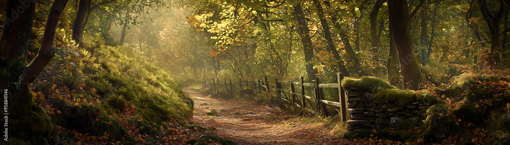 Serene Forest Path Surrounded by Lush Greenery and Soft Sunlight Serene Forest Path Surrounded by Lush Greenery and Soft Sunlight