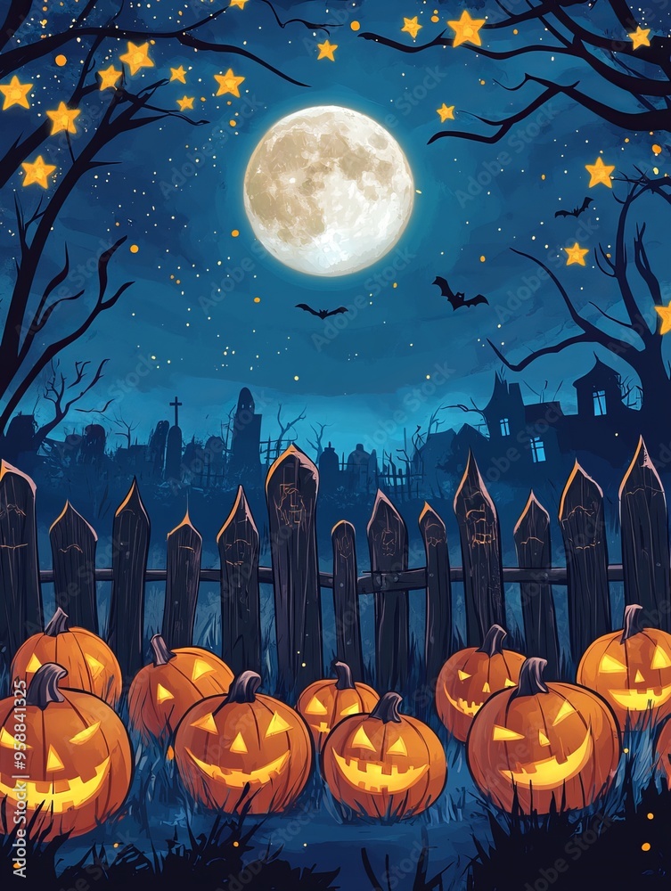 Fototapeta premium Full Moon Halloween Night with Spooky Forest and Pumpkin Heads