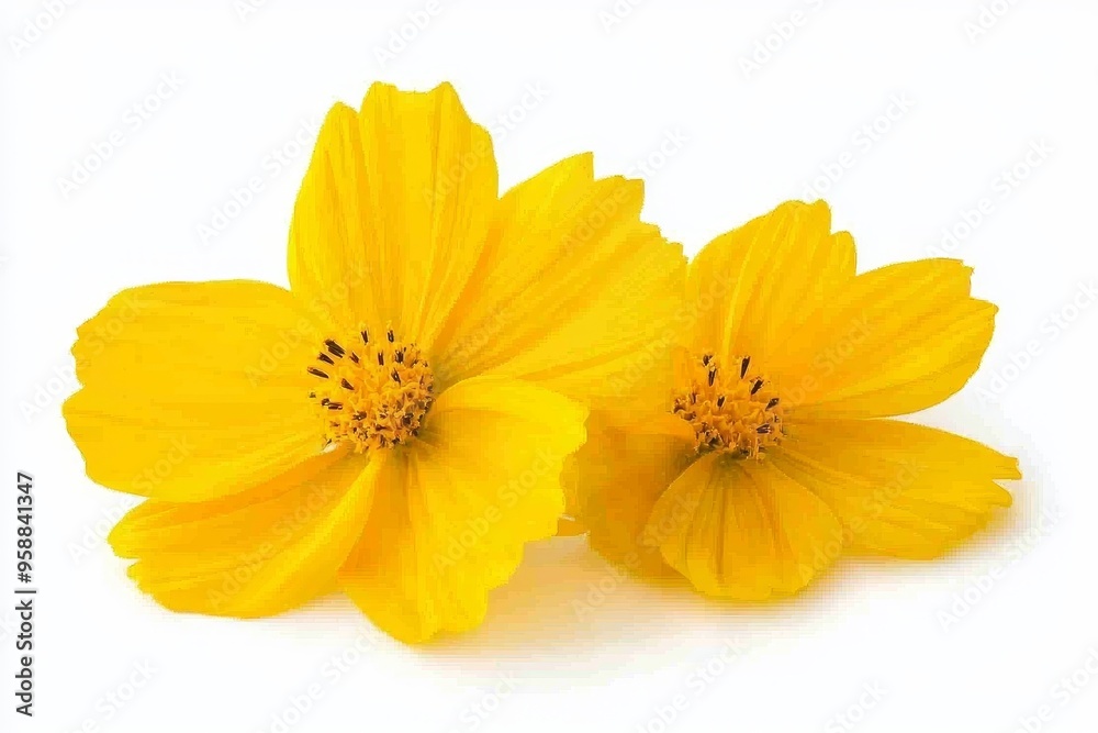A flat lay postcard style arrangement of yellow flowers with a cosmos