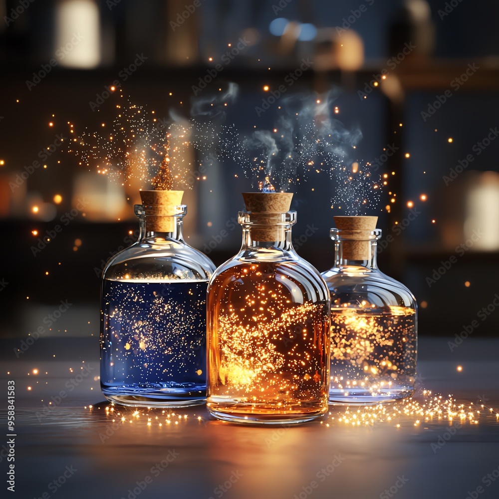 Three magical potion bottles with sparkling contents and smoke, creating an enchanting atmosphere in a mysterious setting.
