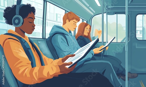 Three People Riding on a Public Transportation Vehicle