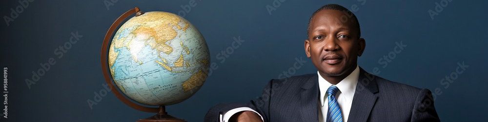 African American businessman in a suit, standing next to a globe on his office desk African American businessman in a suit, standing next to a globe on his office desk