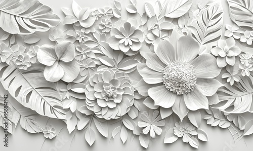 Generative stock of a white wall with a bunch of flowers and leaves on one side and another bunch of flowers on the other.