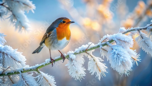 A solitary bird perches on a delicate, snow-covered branch, its feathers fluffed against the cold, surrounded by frosty leaves and a serene winter wonderland backdrop.