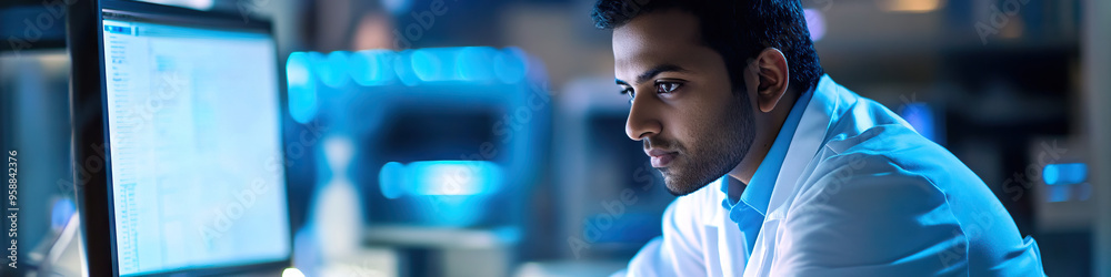 Indian engineer wearing a white lab coat, working at a computer screen Indian engineer wearing a white lab coat, working at a computer screen