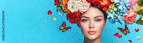 A women portrait with flowers over her head on a blue background. Concept of environmental friendliness and the naturalness of cosmetic products. Banner. Stock content. photo