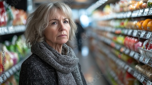 depressed senior woman shopper in front of empty shelves in a grocery store