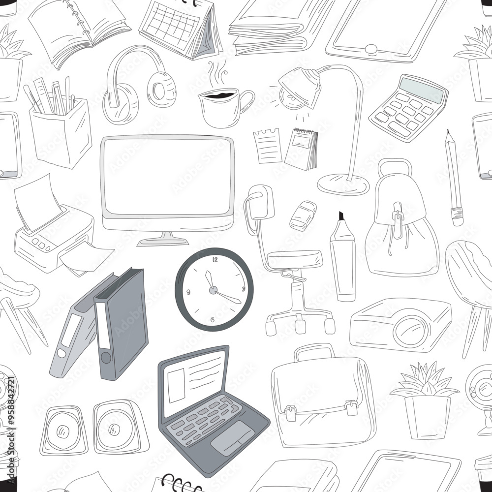 Office equipment seamless pattern background.
Office equipment seamless pattern background.