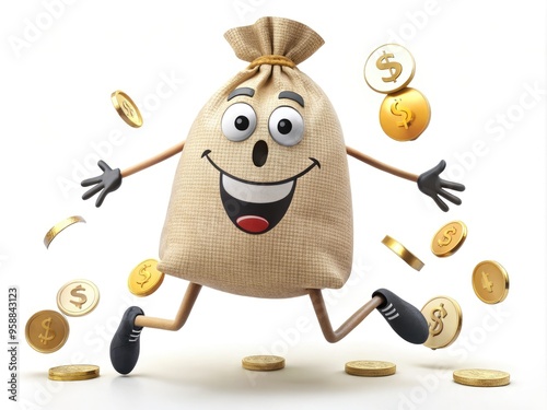 A sprinting money bag with a smiling face and legs, surrounded by dollar signs and coins, conveys a humorous and whimsical take on financial freedom. photo