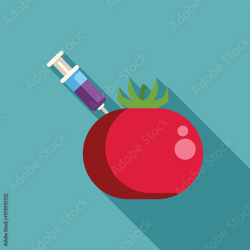 Syringe injecting a red tomato, concept for genetically modified food or pesticides in agriculture