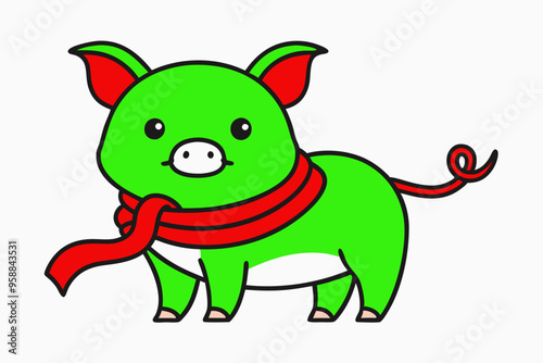 A cute Pig wear Christmas ribbon line art vector illustration