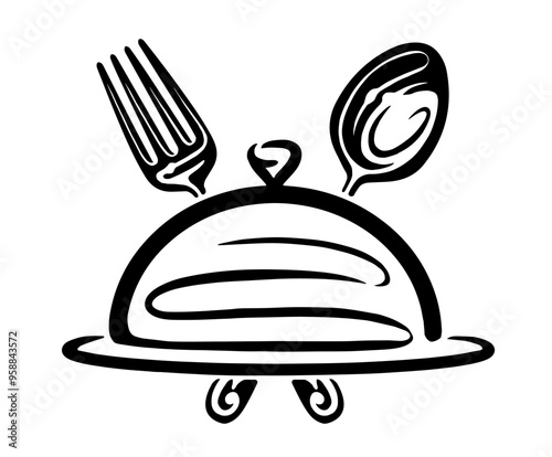 Tray with spoon and fork logo. Emblem for restaurant menu design or food delivery service. Vector illustration