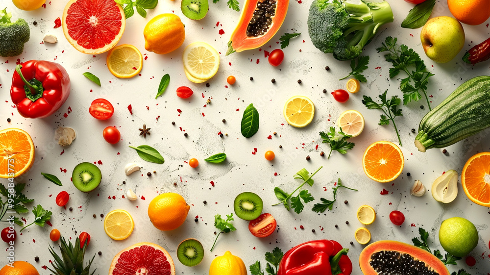 Vibrant assortment of fresh fruits and vegetables arranged artistically on a table Vibrant assortment of fresh fruits and vegetables arranged artistically on a table