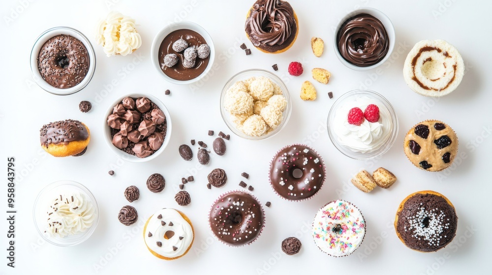 Assortment of sweet desserts on white background. Assortment of sweet desserts on white background.