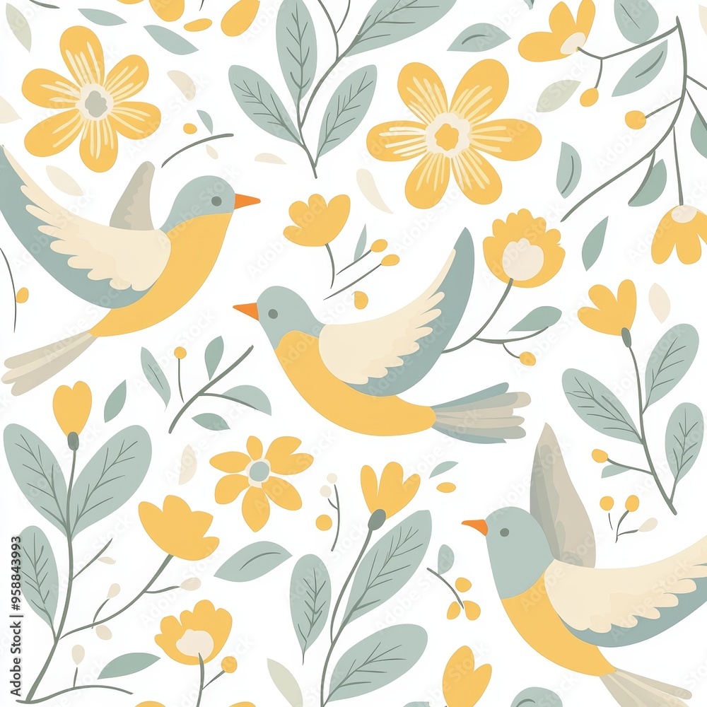 Illustration of gentle birds and flowers in a modern setting Illustration of gentle birds and flowers in a modern setting