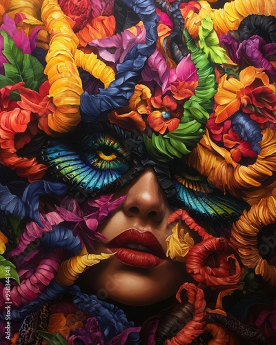 A vibrant, surreal portrait of a woman with multicolored ribbons and feathers, creating an artistic and imaginative visual feast.