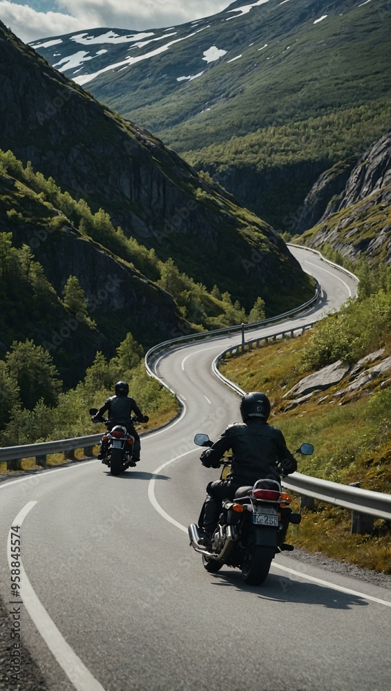 Two motorcycles cruising along a winding mountain road in Norway. Two motorcycles cruising along a winding mountain road in Norway.
