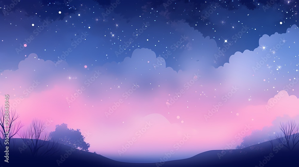 Fototapeta premium A dreamy night sky with pink clouds, twinkling stars, and silhouetted trees in the foreground.