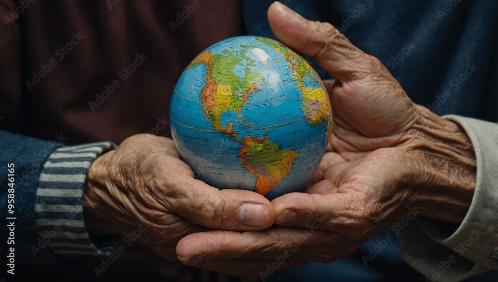 Two Wrinkled Hands Holding a Miniature Globe Replica. Two Wrinkled Hands Holding a Miniature Globe Replica.