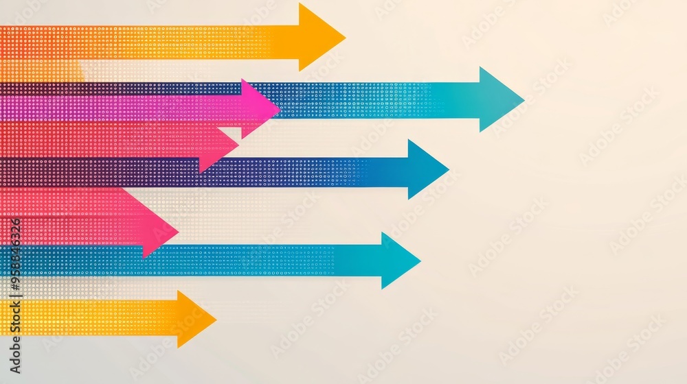 Dynamic graphic of multicolored arrows and binary code, representing digital transformation, data flow, and market trends Dynamic graphic of multicolored arrows and binary code, representing digital transformation, data flow, and market trends