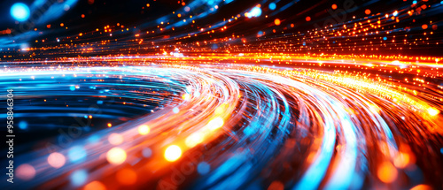 Fiber optic broadband signal transmitted over long distances, fiber optic signal, speed and seamless broadband communication photo