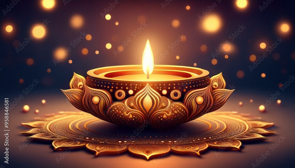 A beautifully designed diya lamp with glowing flame, set on a detailed mandala, surrounded by floating lights, representing the Diwali festival. A beautifully designed diya lamp with glowing flame, set on a detailed mandala, surrounded by floating lights, representing the Diwali festival.